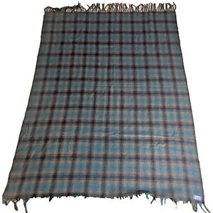 Vintage Pendleton 100% Virgin Wool Blanket Brown Black Green Plaid Fringe Camp